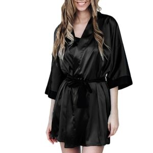 VICTORIA SECRET BLACK SATIN KIMONO ROBE SIZE X SMALL